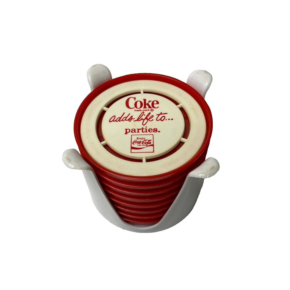 Vintage 1975 Coke Adds Life To Parties Set of 8 Plastic Coaster with Organizer